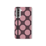 Samsung Galaxy S21 vegānas ādas maciņš - Pink Plum Polka Dot dizains