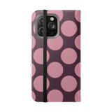 iPhone 14 Pro Max Vāciņš no vegānas ādas ar maciņu - Pink Plum Polka Dot dizainu