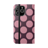 iPhone 16 Pro Max vegānas ādas maciņš ar kabatiņām – rozā plūmju Polka Dot dizains