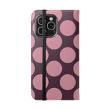 iPhone 15 Pro Max vegānas ādas maciņš ar kabatiņām – rozā plūmju Polka Dot dizains