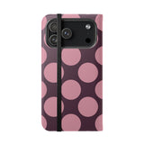 iPhone 17 Pro Max vegānas ādas maciņš ar kabatiņām – rozā plūmju Polka Dot dizains