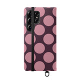 Samsung Galaxy S25 Ultra vegānas ādas Vāciņš-maciņš – Pink Plum Polka Dot dizains