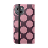 iPhone 14 vegānas ādas maciņš ar kabatiņām – rozā plūmju Polka Dot dizains