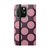iPhone 14 Pro maks Vāciņš no vegānas ādas ar maciņu - Pink Plum Polka Dot dizainu