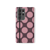 Samsung Galaxy S21 Ultra vegānas ādas maciņš - Pink Plum Polka Dot dizains