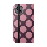iPhone 14 Plus vegānas ādas Vāciņš-maciņš – Pink Plum Polka Dot dizains