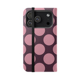 iPhone 17 Pro vegānas ādas maciņš ar kabatiņām – rozā plūmju Polka Dot dizains