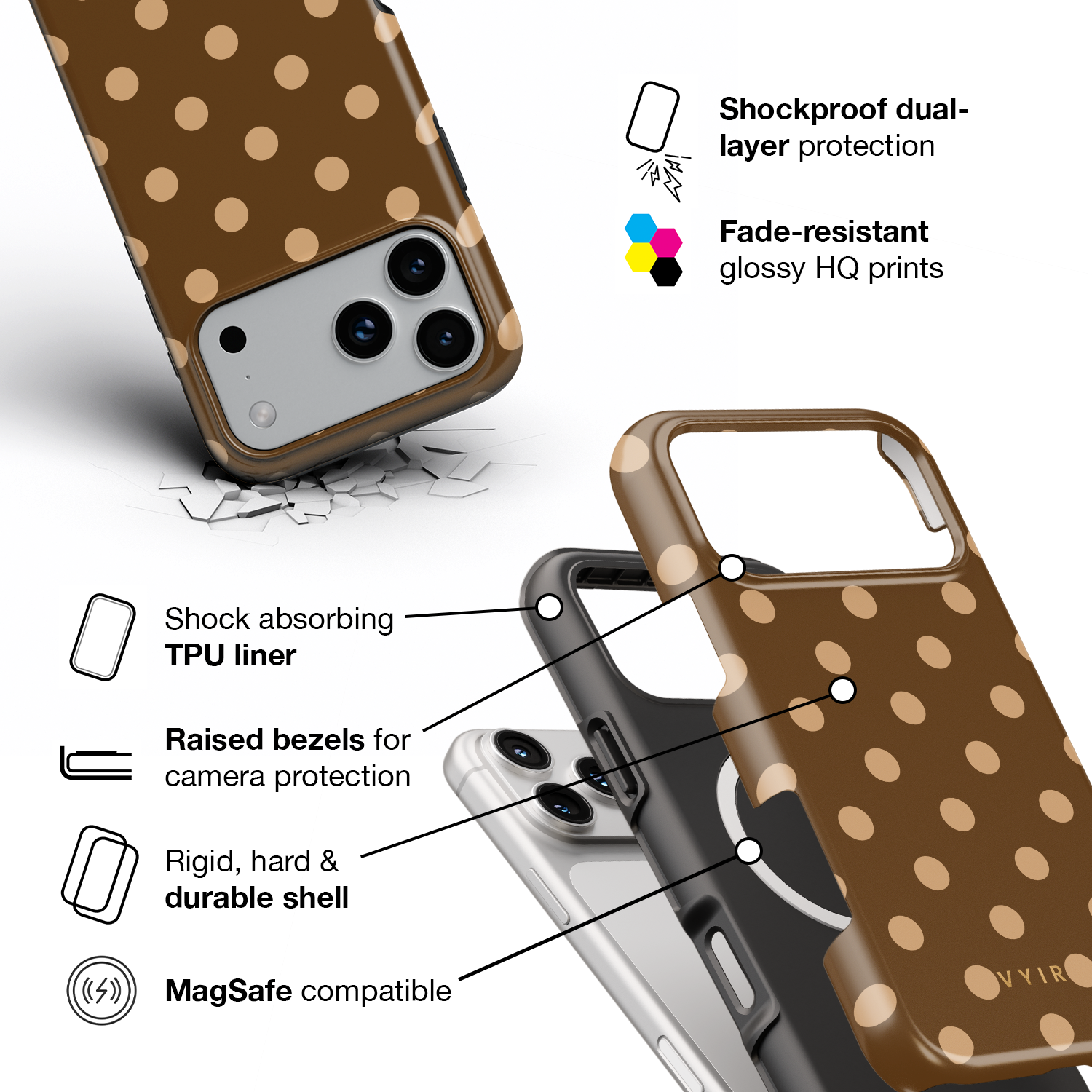 Classic Polka Dots, Elegant Brown - Shockproof MagSafe iPhone Case - VYIR