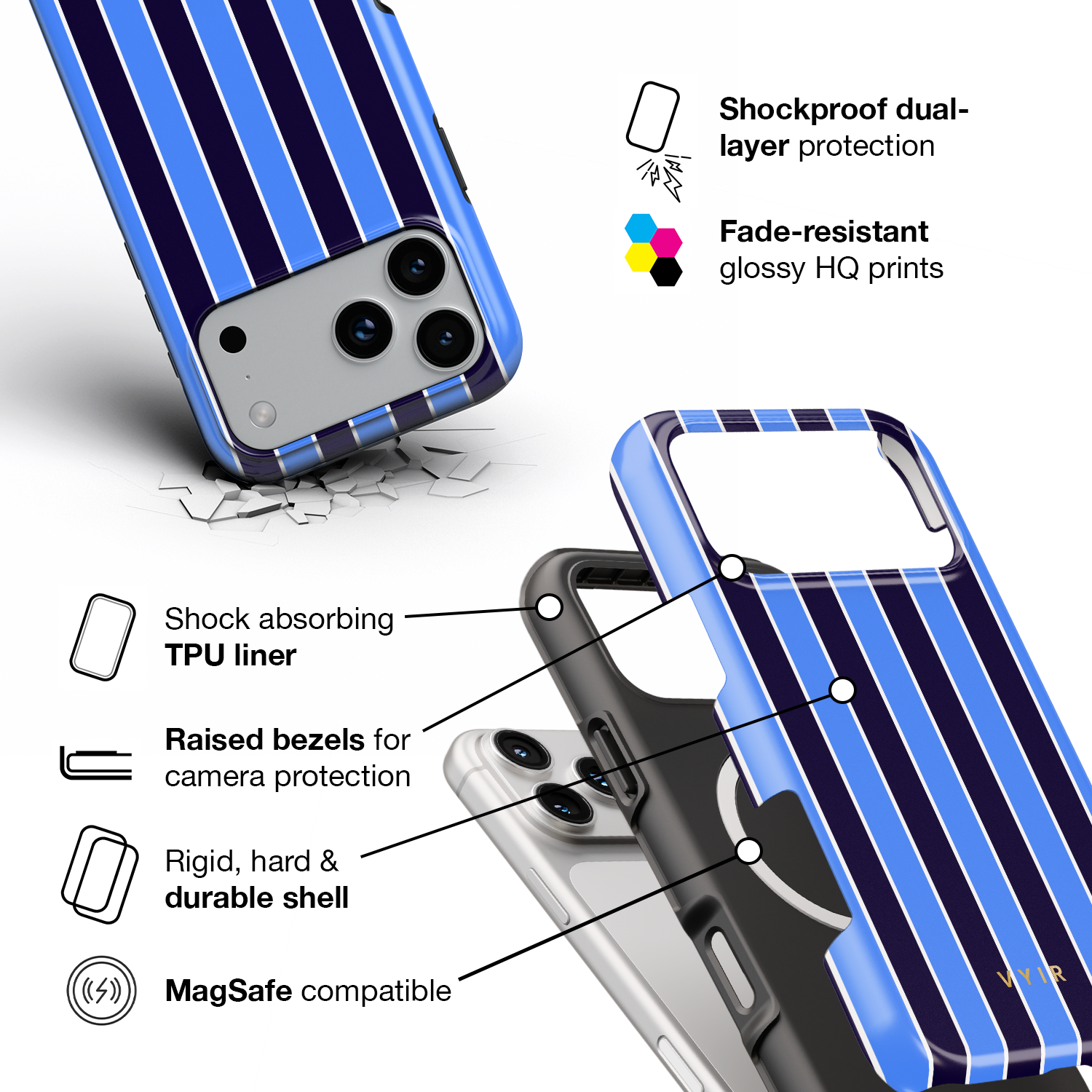 Vertical Stripes, Rivoli Blue - Shockproof MagSafe iPhone Case - VYIR