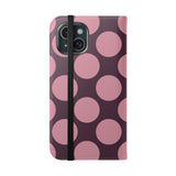 iPhone 15 vegānas ādas maciņš ar kabatiņām – rozā plūmju Polka Dot dizains